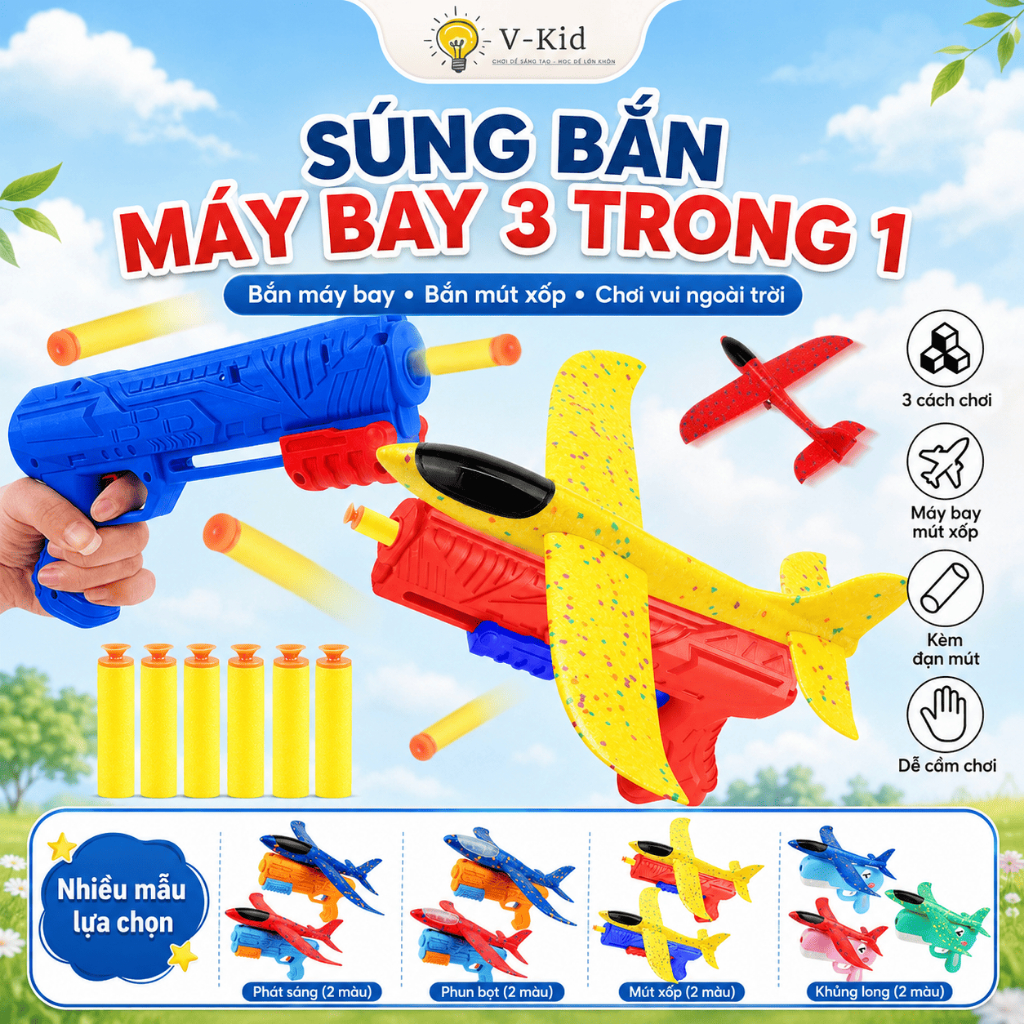 Bộ Đồ Chơi Phóng Máy Bay Xốp EPP Cho Bé, Tay Phóng Cơ Học Không Cần Pin, Bay Xa Vui Nhộn