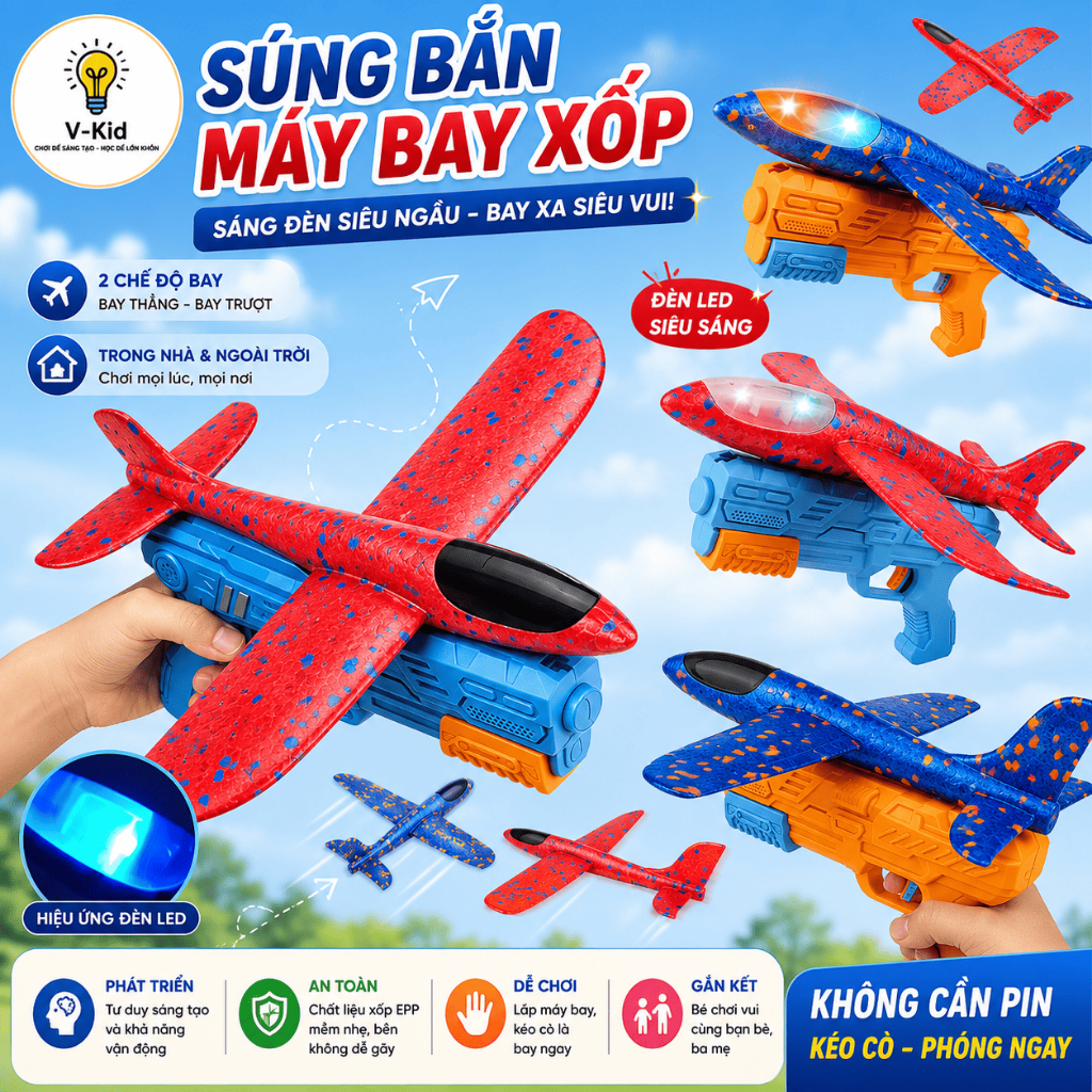 Bộ Đồ Chơi Phóng Máy Bay Xốp EPP Cho Bé, Tay Phóng Cơ Học Không Cần Pin, Bay Xa Vui Nhộn