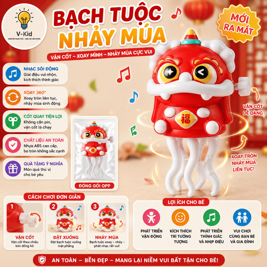 Bạch Tuộc Nhảy Múa Vặn Cót Phát Nhạc, Đồ Chơi Xoay Chuyển Động Vui Nhộn Cho Bé