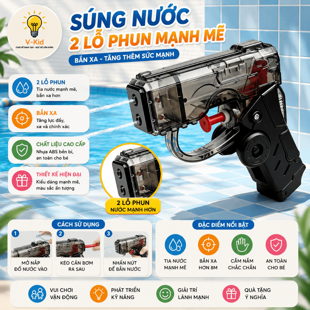 Đồ Chơi Phun Nước 2 Vòi Cho Bé, Gấp Gọn Đổi Hình Xoay 360 Độ, Phun Nước Vui Nhộn Với Bạn Bè