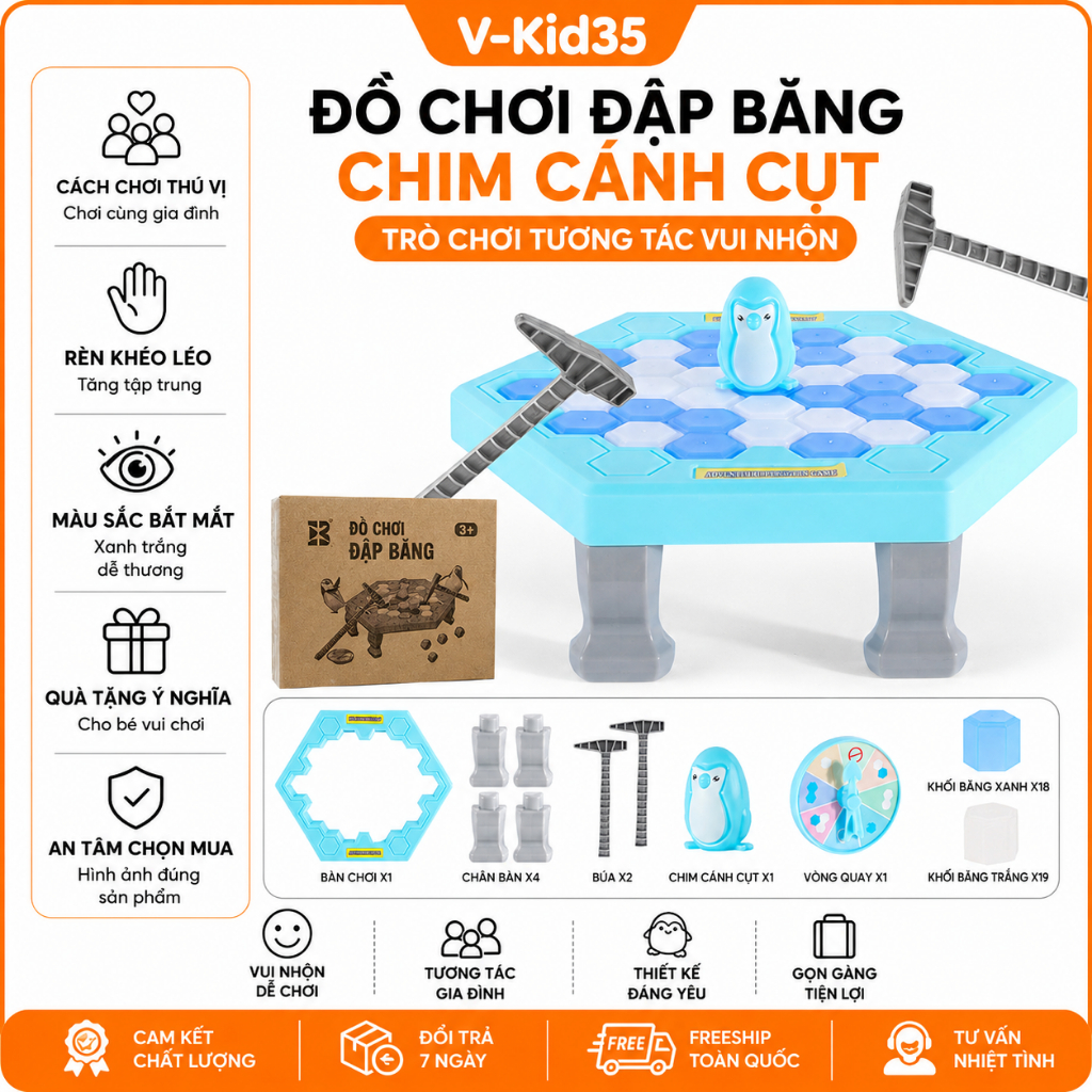 Đồ Chơi Đập Băng Cứu Chim Cánh Cụt, Phá Băng Kèm Búa Và Vòng Quay Cho Bé, Trò Chơi Gia Đình Vui Nhộn