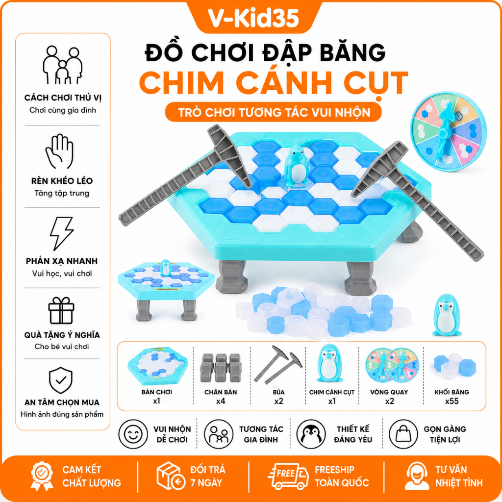 Đồ Chơi Đập Băng Cứu Chim Cánh Cụt, Phá Băng Kèm Búa Và Vòng Quay Cho Bé, Trò Chơi Gia Đình Vui Nhộn