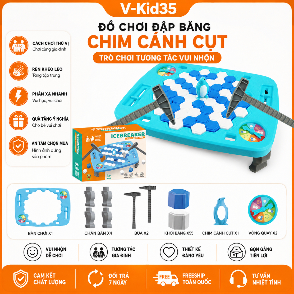 Đồ Chơi Đập Băng Cứu Chim Cánh Cụt, Phá Băng Kèm Búa Và Vòng Quay Cho Bé, Trò Chơi Gia Đình Vui Nhộn